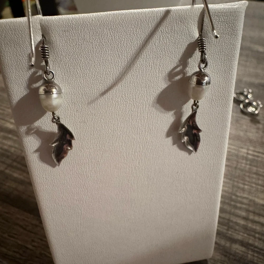 Nature Inspired Acorn Pearl Leaf Silver Drop Earrings